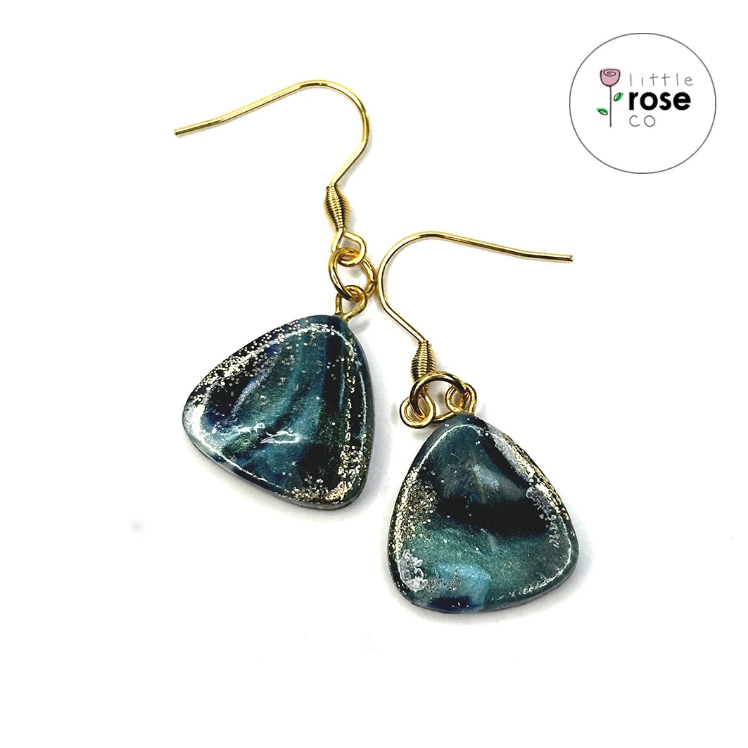 Blue and Gold Rounded Triangle Shimmer Dangle Earrings