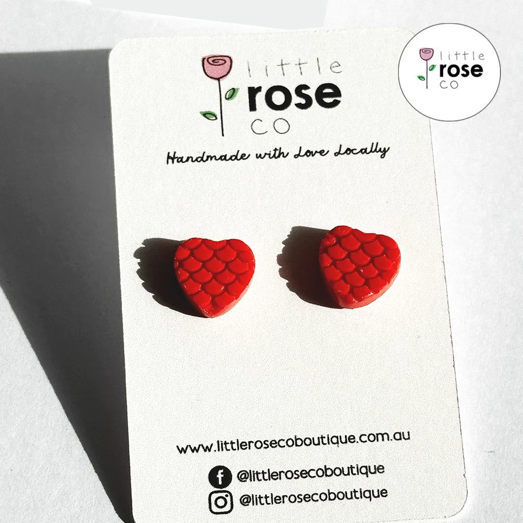 Bright Red Mermaid Heart Stud Earrings