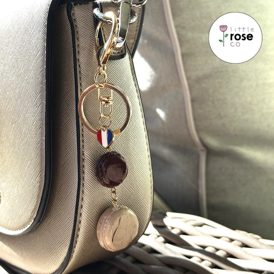 Dark Chocolate & Choc Swirl Macaron Keyring with a French Golden Heart Charm