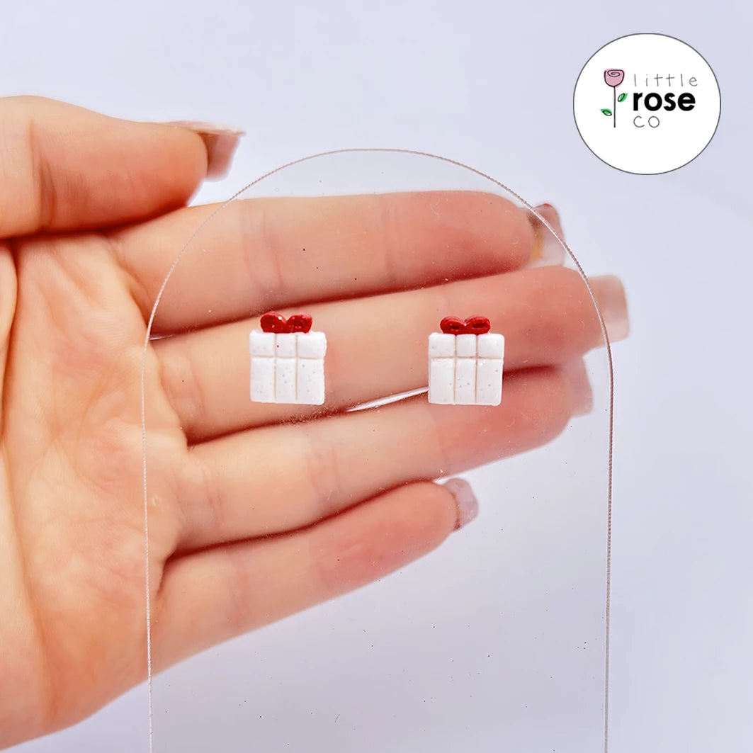 Christmas White Present with Red Bow Studs