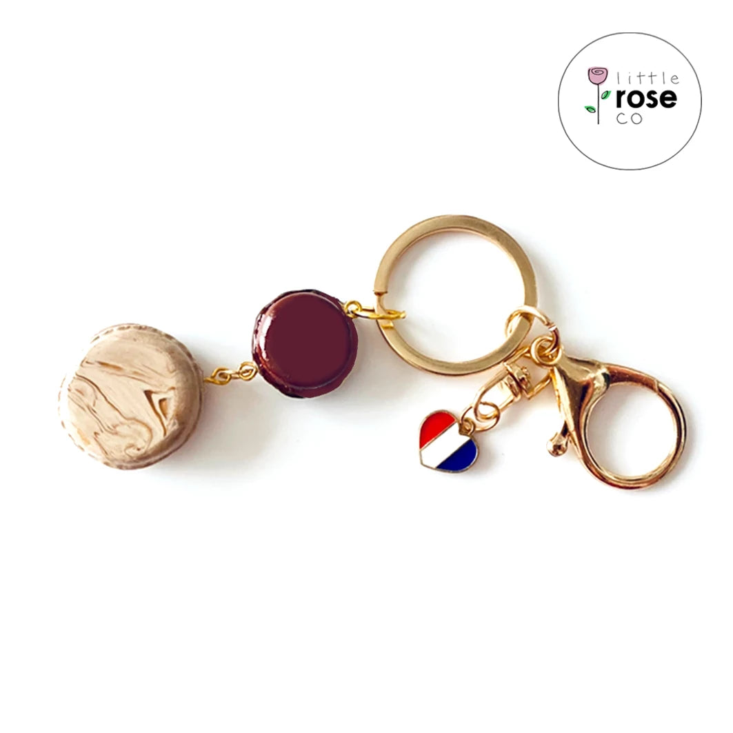 Dark Chocolate & Choc Swirl Macaron Keyring with a French Golden Heart Charm