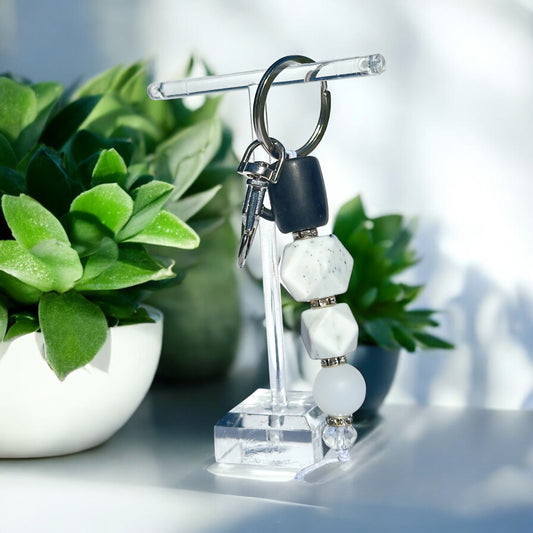 Silicone Beaded White Granite and Marble with Black Coffee Mug Keychain