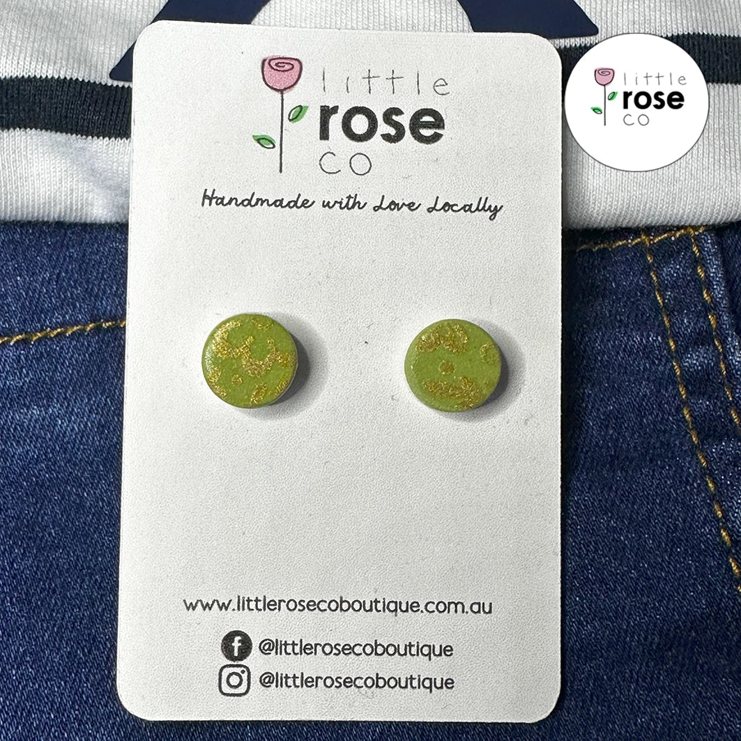Green and Gold Floral Print Stud Earrings