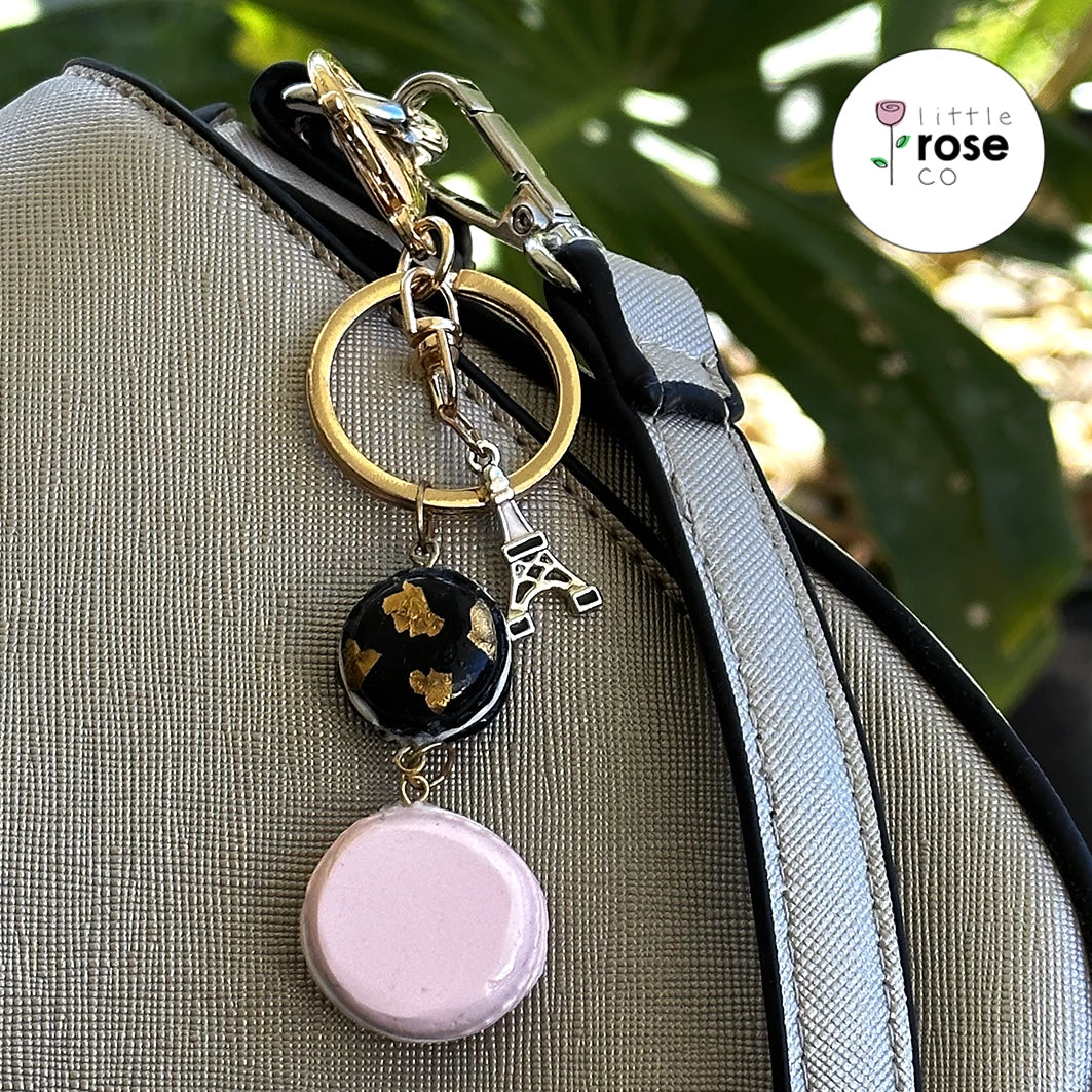 Black, Gold & Powder Pink Macaron Keyring with Golden Eiffel Charm