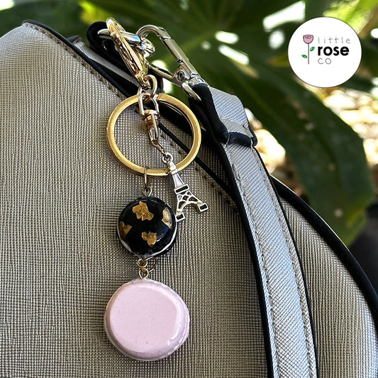 Black, Gold & Powder Pink Macaron Keyring with Golden Eiffel Charm