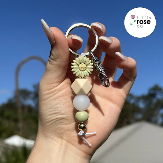 Silicone Beaded Sage and Beige Daisy Flower Keychain