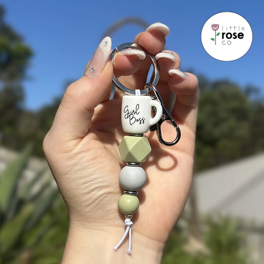 Silicone Beaded Sage and Grey with White Girl Boss Coffee Mug Keychain
