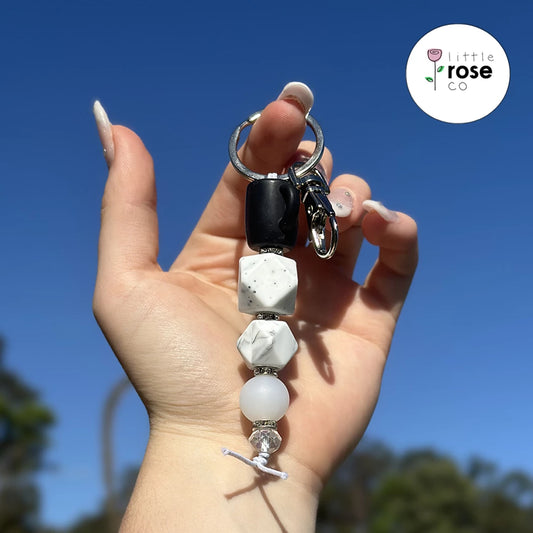 Silicone Beaded White Granite and Marble with Black Coffee Mug Keychain