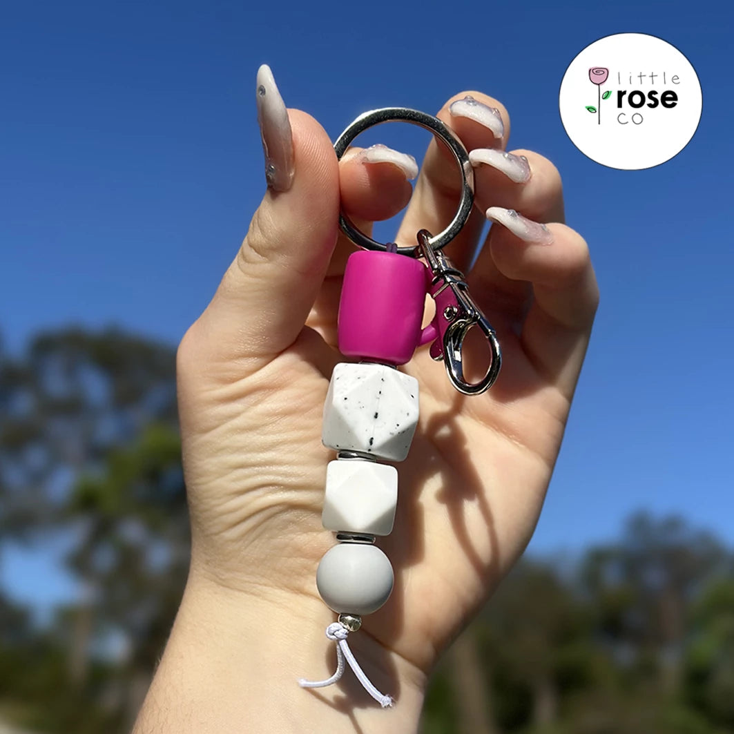Silicone Beaded White Granite and Grey with Bright Pink Coffee Mug Keychain