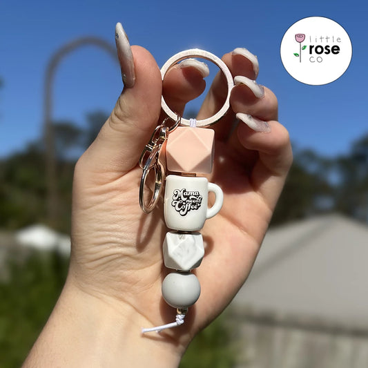 Silicone Beaded White Marble, Peach and Grey with White Mama Needs Coffee Mug Keychain
