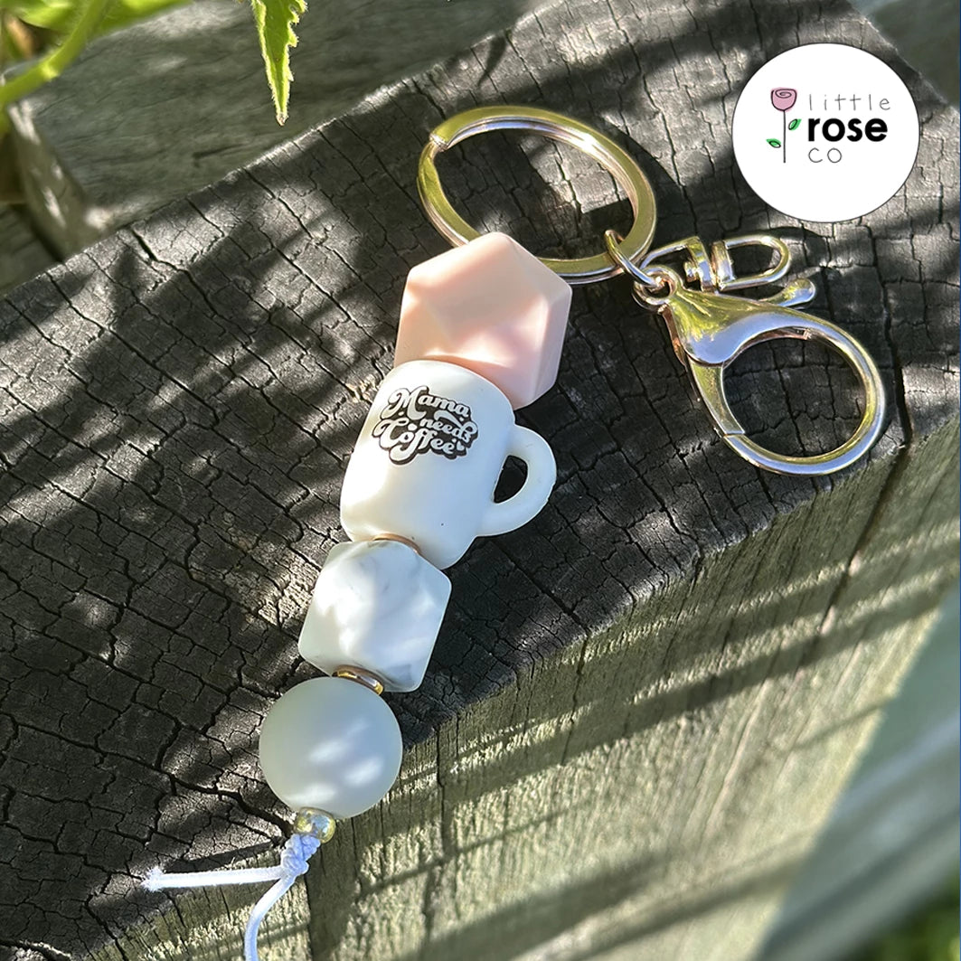 Silicone Beaded White Marble, Peach and Grey with White Mama Needs Coffee Mug Keychain