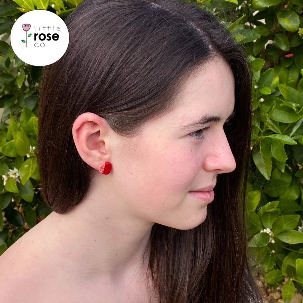 Deep Red & Coral Two-Tone Mermaid Heart Stud Earrings