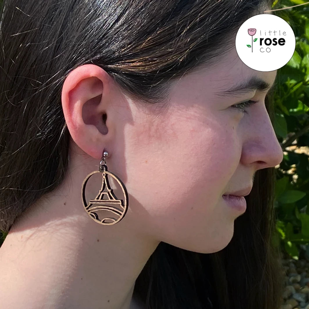 Small Walnut Eiffel Tower Earrings