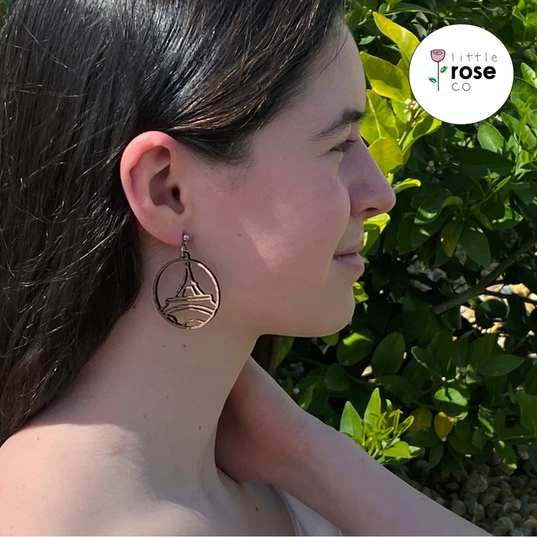 Small Walnut Eiffel Tower Earrings