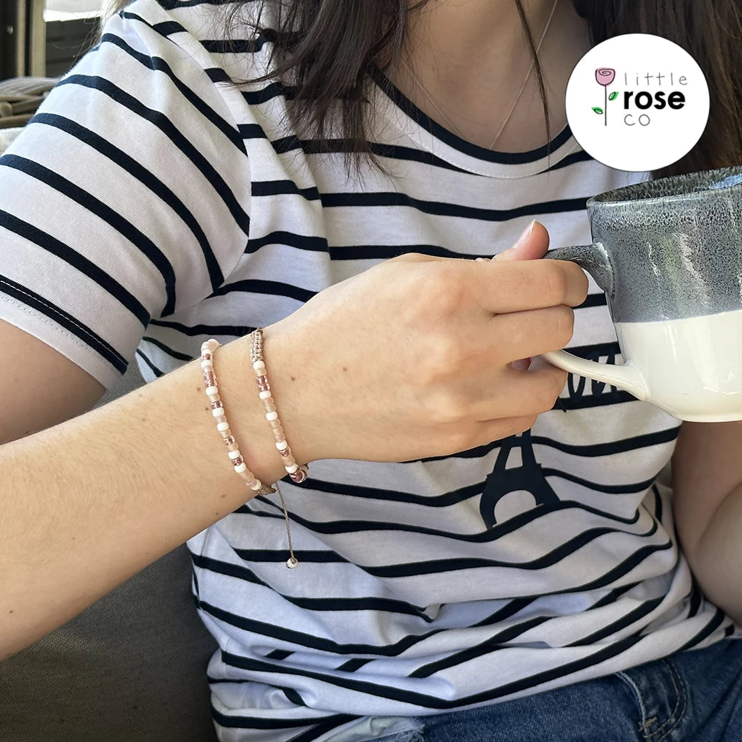 Strength & Wisdom Pink/Beige Morse Code Bracelet Set